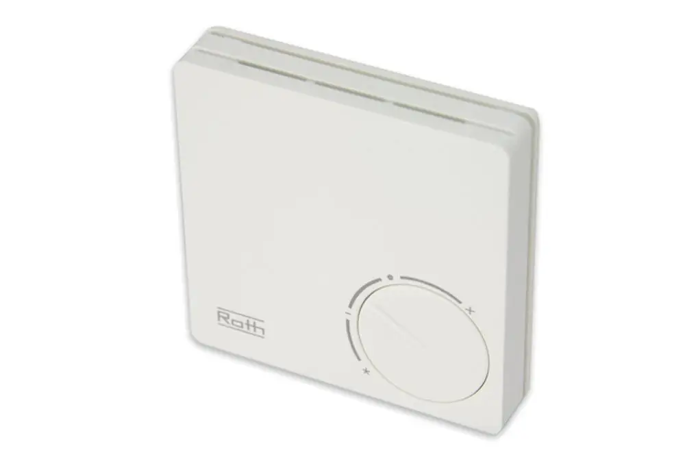 Weißes Raumthermostat mit Drehregler und der Marke Roth, zur Temperaturregelung in Innenräumen, montierbar an Wänden.